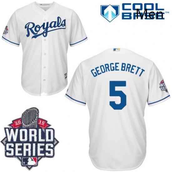 Mens Majestic Kansas City Royals 5 George Brett Authentic White Home Cool Base 2015 World Series Patch MLB Jersey
